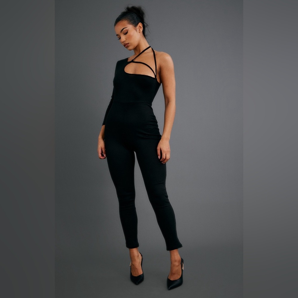 Black strap detail one shoulder ribbed jumpsuit